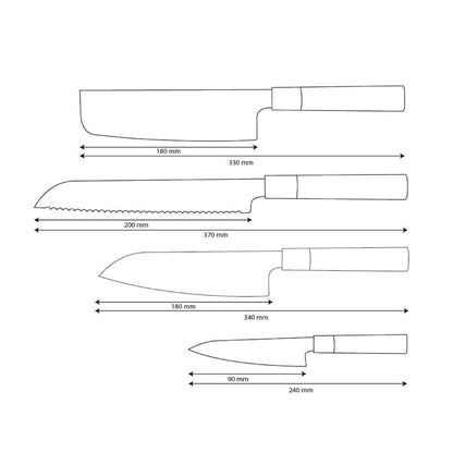 Cuchillos Shinrai - Juego de cuchillos Damasco Takumi Kaza de 4 piezas - Santoku + Cuchillo para pan + Nakiri + Cuchillo pelador
