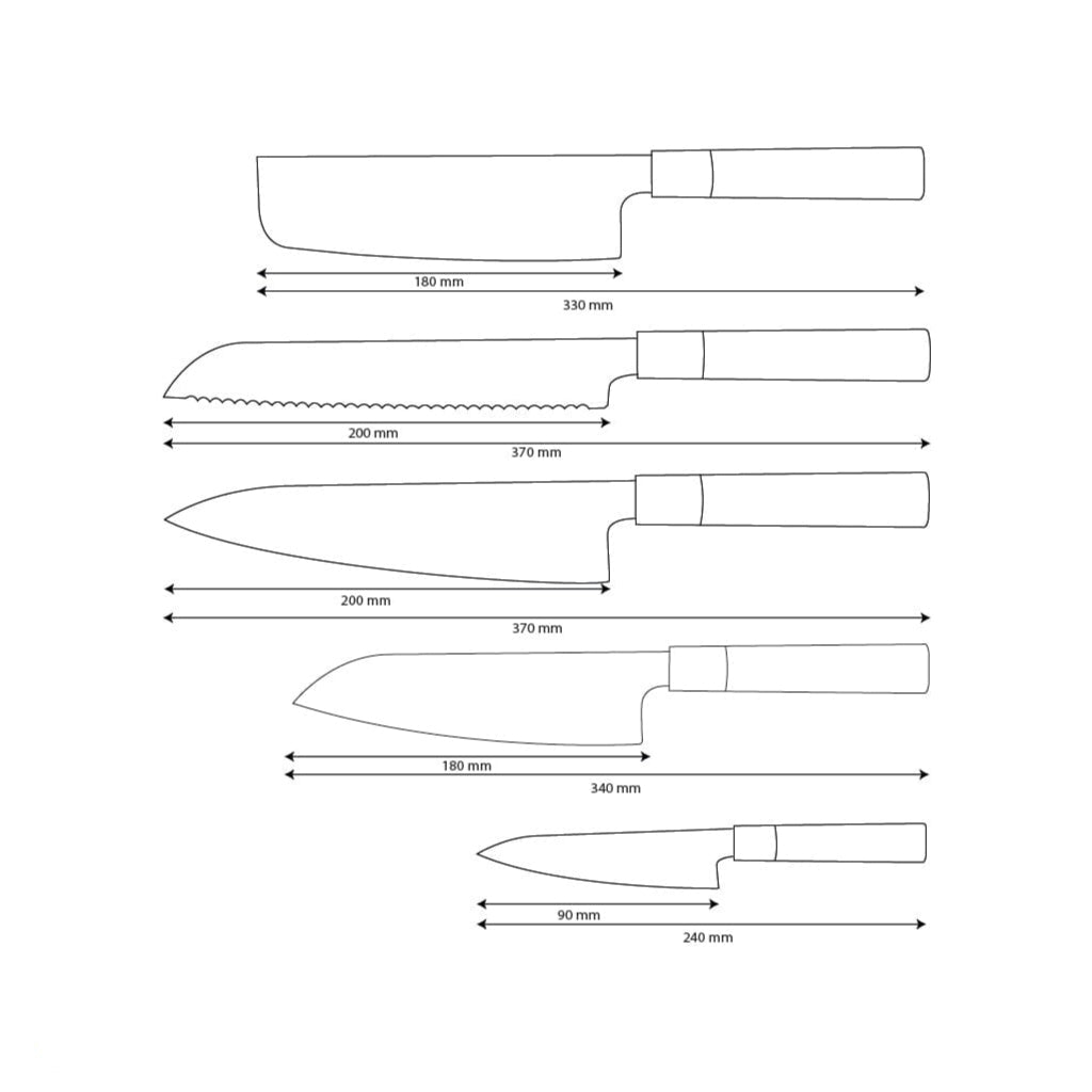 Shinrai Knives - Juego de cuchillos Damasco Takumi Kaza de 5 piezas - Cuchillo de chef + Cuchillo para pan + Nakiri + Santoku + Cuchillo pelador