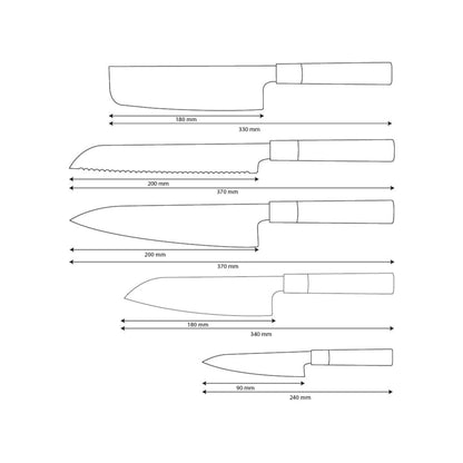 Shinrai Knives - Juego de cuchillos Damasco Takumi Kaza de 5 piezas - Cuchillo de chef + Cuchillo para pan + Nakiri + Santoku + Cuchillo pelador