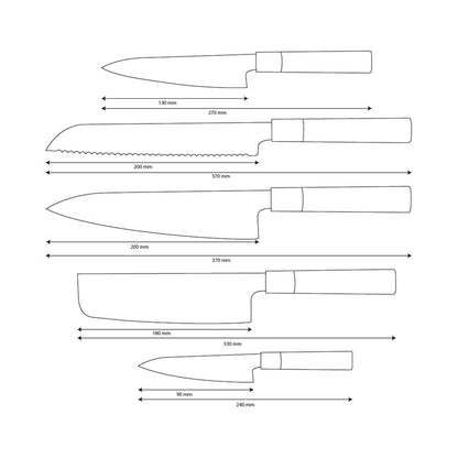 Shinrai Knives - Juego de cuchillos damasco Takumi Kaza de 5 piezas - Cuchillo de chef + Cuchillo para pan + Cuchillo Nakiri + Cuchillo de oficina + Cuchillo de pelar