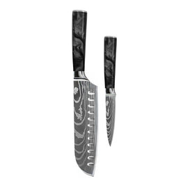 Cuchillos Shinrai - Juego de 2 cuchillos de ónix epoxi con estampado de Damasco: Santoku y cuchillo para pelar