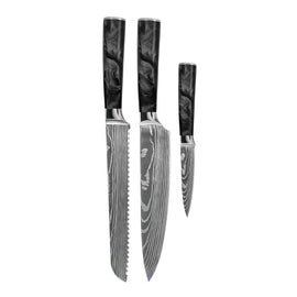 Cuchillos Shinrai - Juego de 3 cuchillos de ónix epoxi con estampado de Damasco: cuchillo de chef, cuchillo de pan y cuchillo para pelar