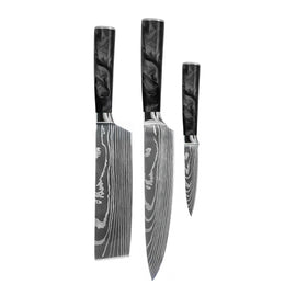 Cuchillos Shinrai - Juego de 3 cuchillos de ónix epoxi con estampado de Damasco: cuchillo de chef, nakiri y cuchillo para pelar