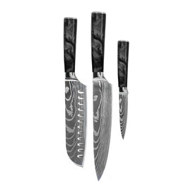 Cuchillos Shinrai - Juego de 3 cuchillos de ónix epoxi con estampado de Damasco: cuchillo de chef, santoku y cuchillo para pelar