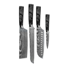 Cuchillos Shinrai - Juego de 4 cuchillos de ónix epoxi con estampado de Damasco: Santoku, cuchillo para pan, nakiri y cuchillo para pelar