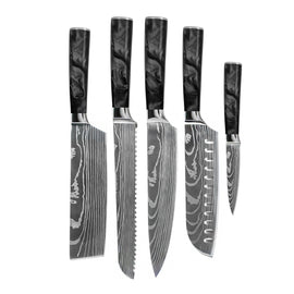 Cuchillos Shinrai - Juego de 5 cuchillos de ónix epoxi con estampado de Damasco: cuchillo de chef, cuchillo de pan, nakiri, santoku y cuchillo para pelar