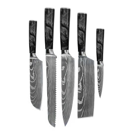 Cuchillos Shinrai - Juego de 5 cuchillos de ónix epoxi con estampado de Damasco: cuchillo de chef, cuchillo de pan, nakiri, santoku pequeño y cuchillo para pelar