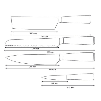 Cuchillos Shinrai - Juego de 4 cuchillos de zafiro epoxi con estampado de Damasco: cuchillo de chef, cuchillo de pan, nakiri y cuchillo para pelar