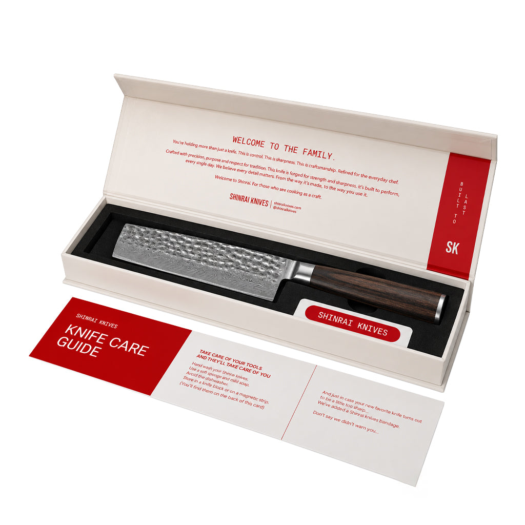 Shinrai Knives - Juego de 3 cuchillos de damasco martillado BR: cuchillo de chef, nakiri y santoku