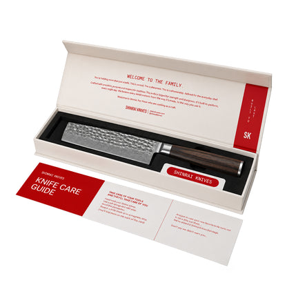 Shinrai Knives - Juego de 3 cuchillos de damasco martillado BR: cuchillo de chef, nakiri y santoku