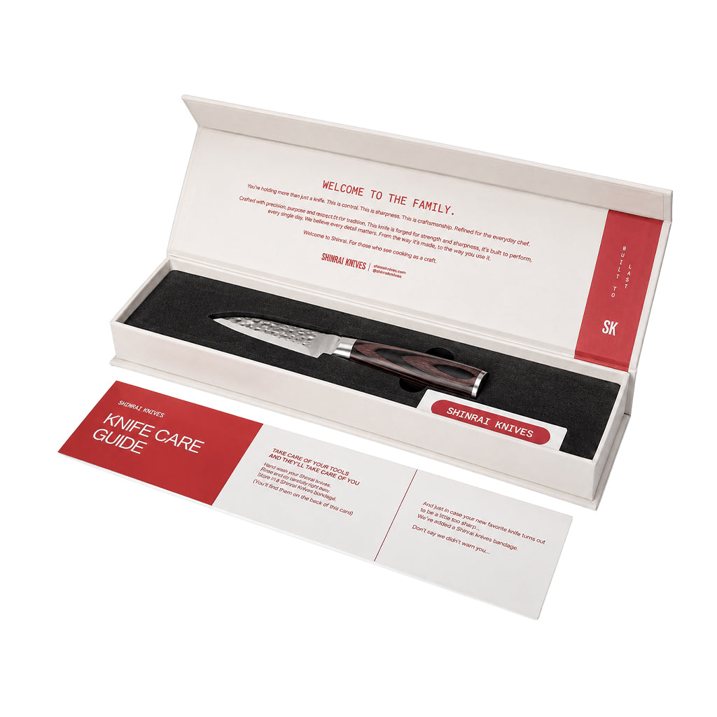 Shinrai Knives - Ensemble de 3 couteaux en acier inoxydable martelé - Couteau de chef + Santoku + Couteau d'office