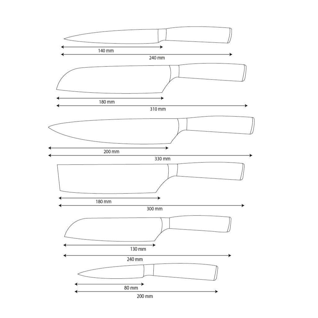Juego de cuchillos de 6 piezas de acero inoxidable martillado.