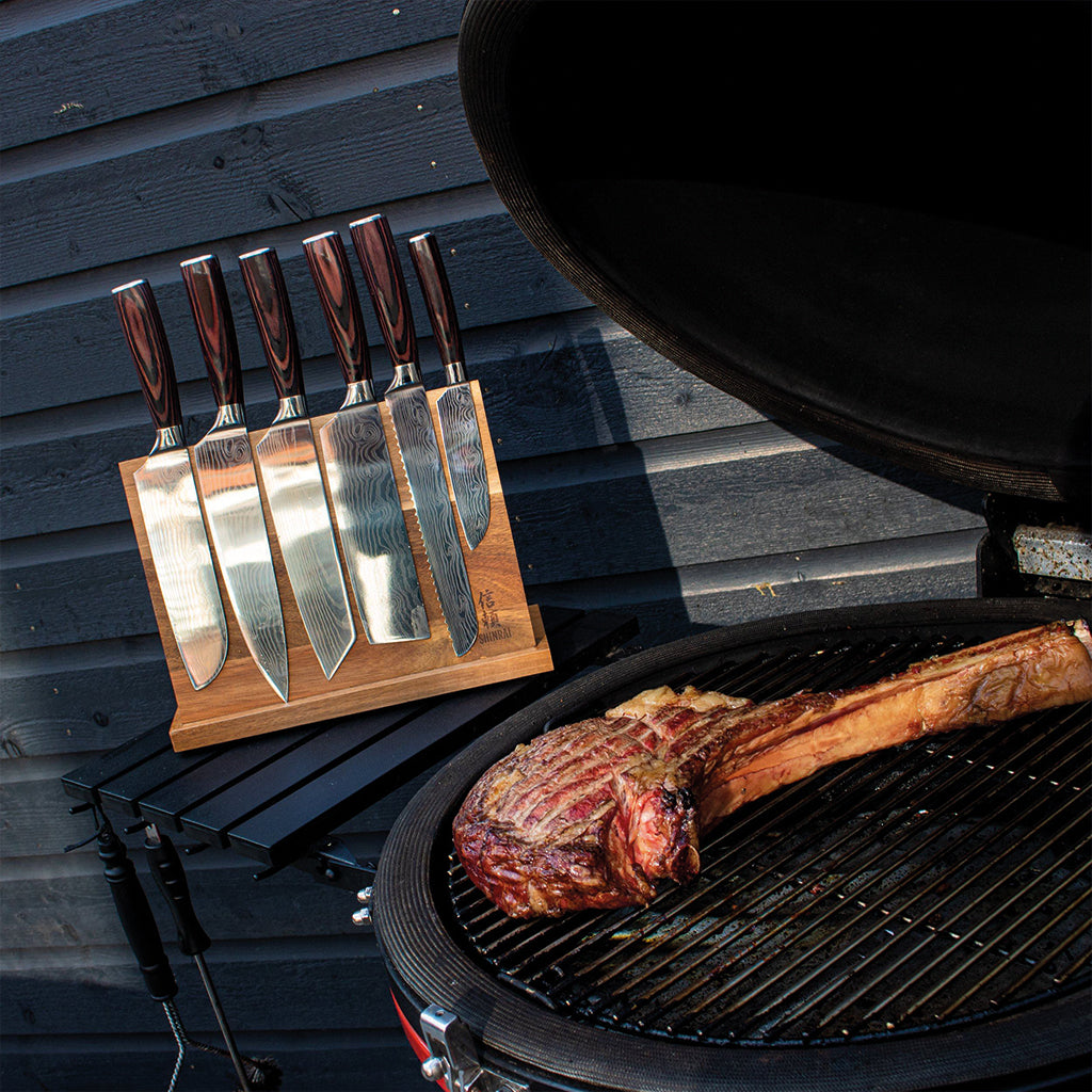 Shinrai Japón - Damascus Print juego de cuchillos de 6 piezas + Tijeras de caza gratis