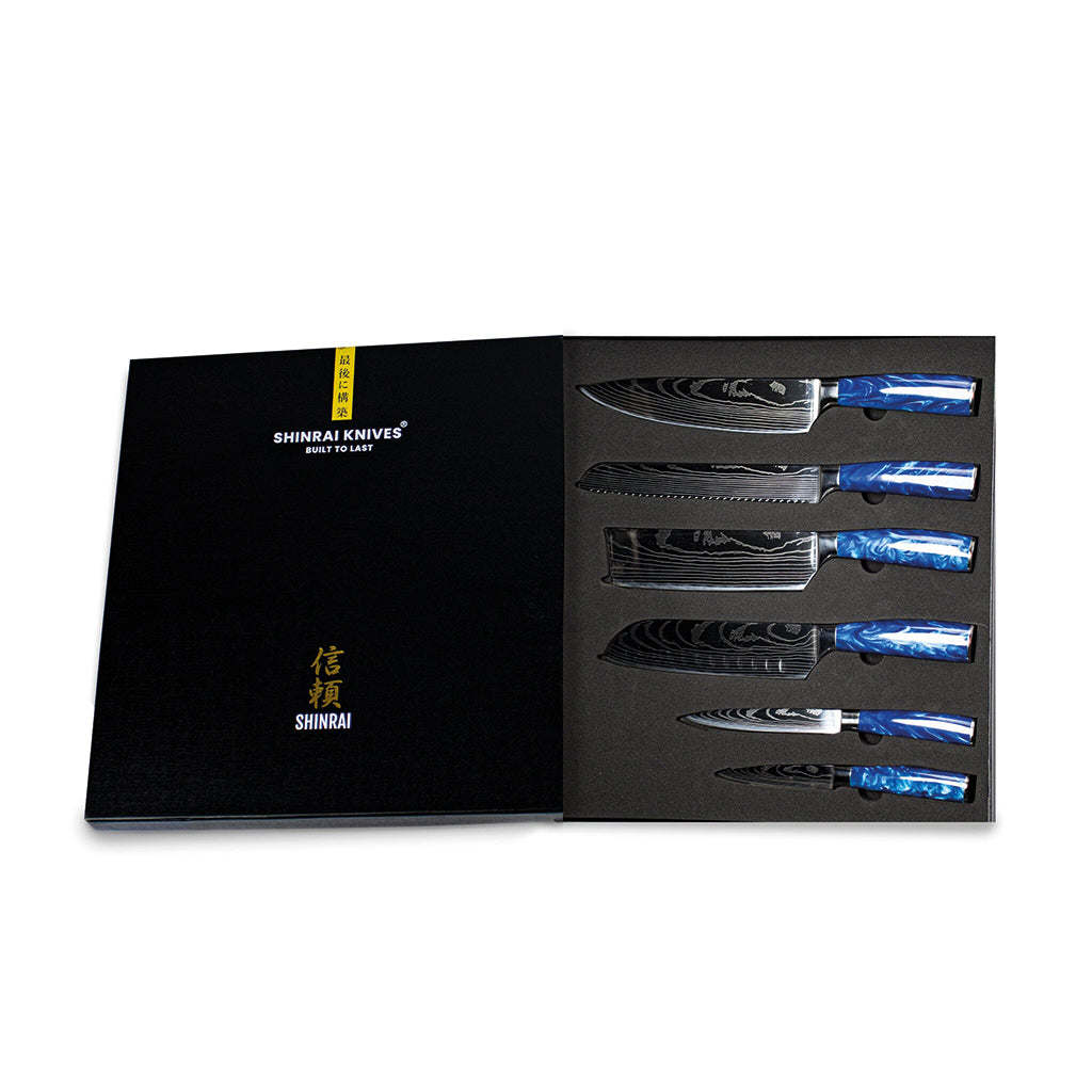 Shinrai Japón - Juego de cuchillos de 6 piezas con estampado de damasco de zafiro epoxi + escalas de bloque de cuchillos magnético - Madera de acacia