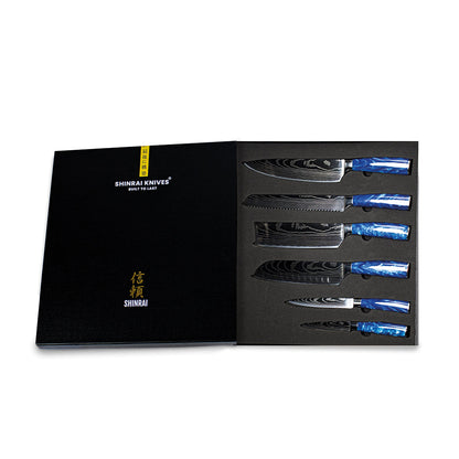 Shinrai Japón - Juego de cuchillos de 6 piezas con estampado de damasco de zafiro epoxi + escalas de bloque de cuchillos magnético - Madera de acacia