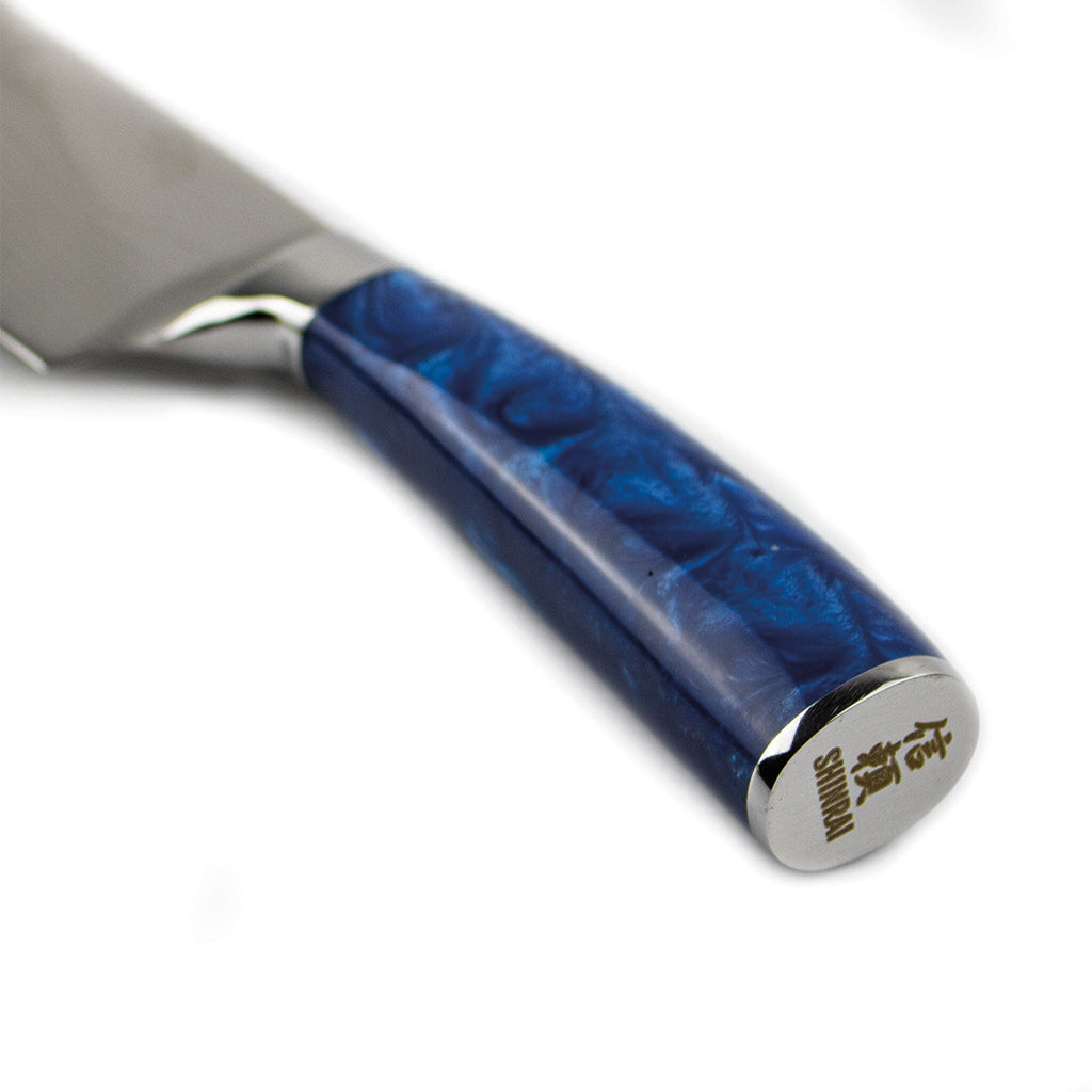 Shinrai Japón - Juego de cuchillos de 6 piezas con estampado de damasco de zafiro epoxi + escalas de bloque de cuchillos magnético - Madera de acacia