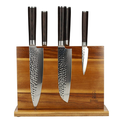 Shinrai Japón - Juego de cuchillos BR de Damasco martillado de 5 piezas + bloque de cuchillos magnético