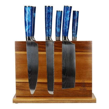 Shinrai Japan - Juego de cuchillos de 6 piezas con estampado Epoxy Sapphire Damascus + soporte de acacia de doble cara