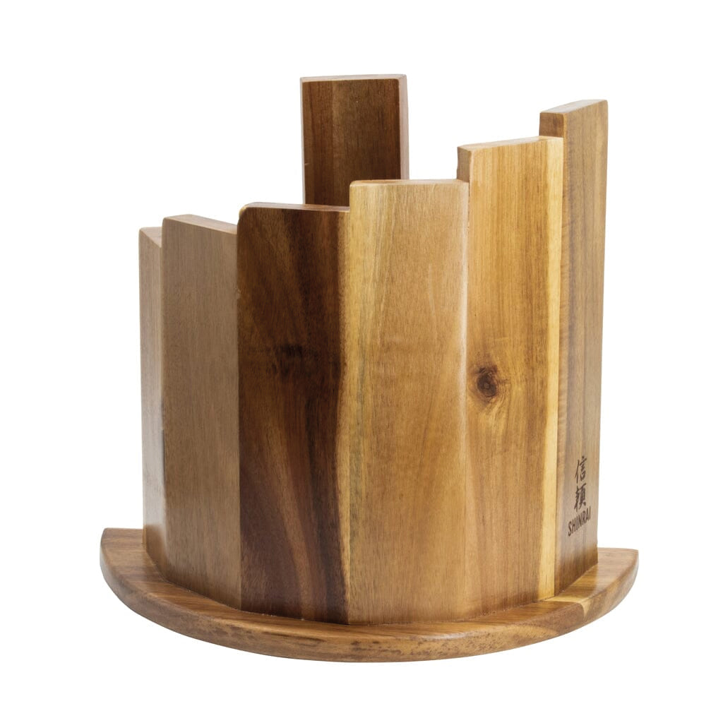 Shinrai Japón - Juego de cuchillos de 7 piezas con estampado de Damasco + Scalae de bloque magnético para cuchillos - Madera de acacia