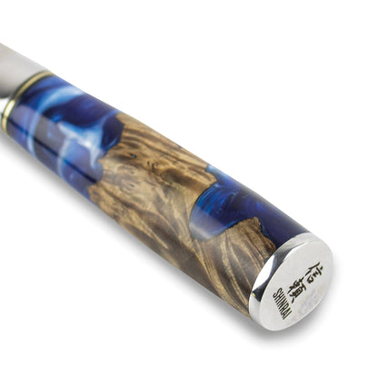 Shinrai Japón - Juego de cuchillos de Damasco de 6 piezas con zafiro epoxi + escalas de bloque magnético para cuchillos - Madera de acacia