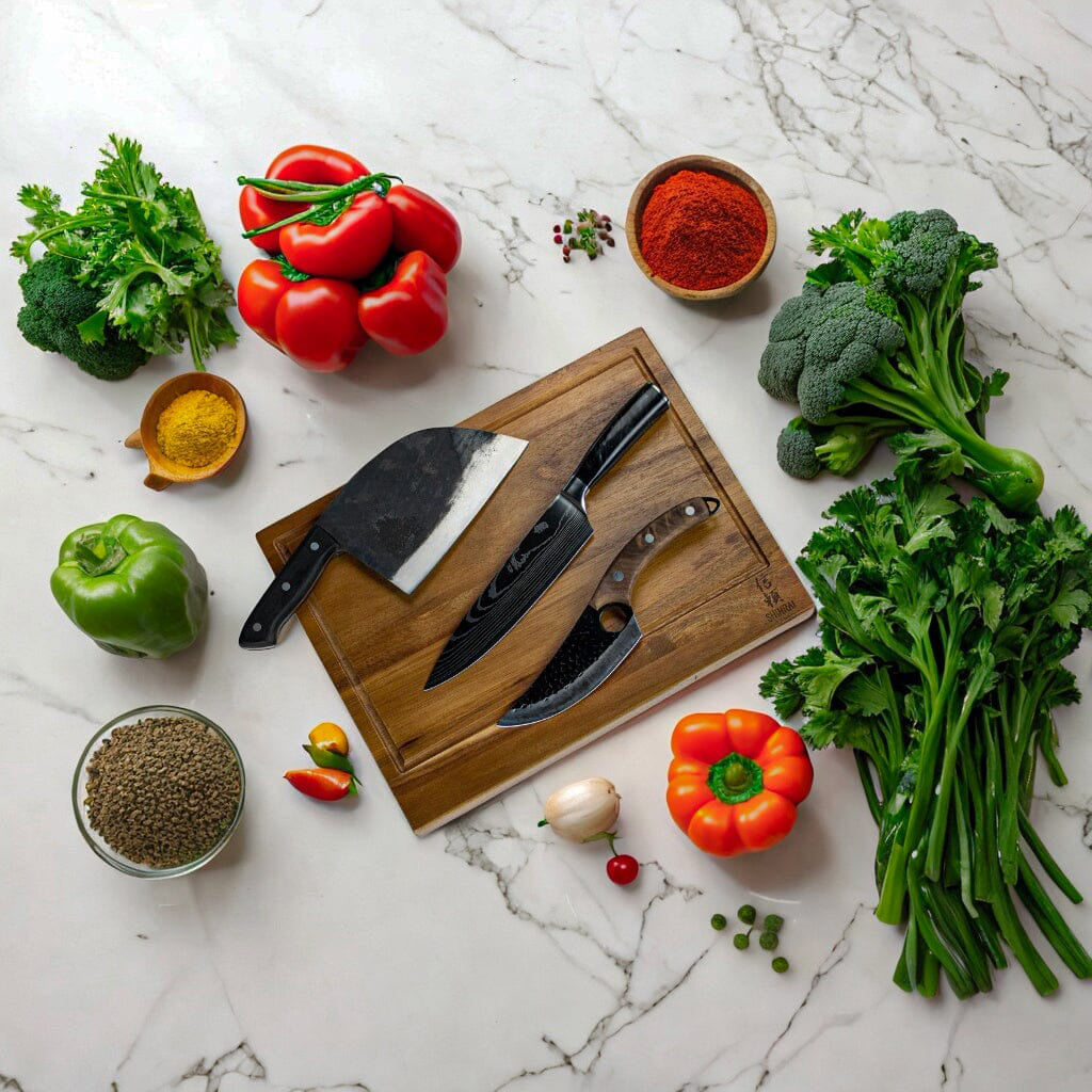 Shinrai Japón - 3 cuchillos forjados marrones + tabla de cortar