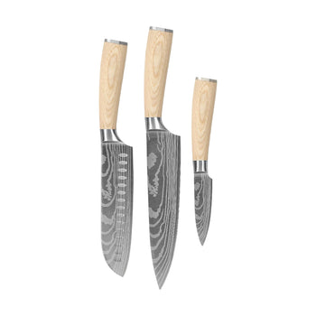 Cuchillos Shinrai - Juego de 3 piezas Akari Damascus Print - Cuchillo Chef + Santoku + Cuchillo pelador