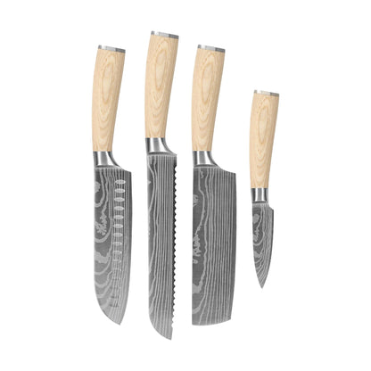 Cuchillos Shinrai - Juego de 4 piezas Akari Damascus Print - Santoku + Cuchillo para pan + Nakiri + Cuchillo pelador