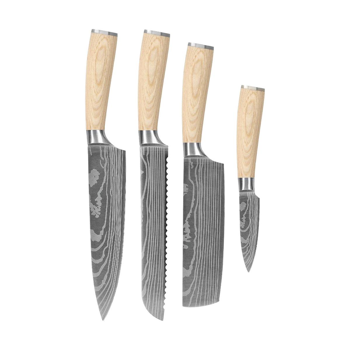 Couteaux Shinrai - Coffret 4 pièces Akari Damascus Print - Couteau de chef + Couteau à pain + Nakiri + Couteau d'office