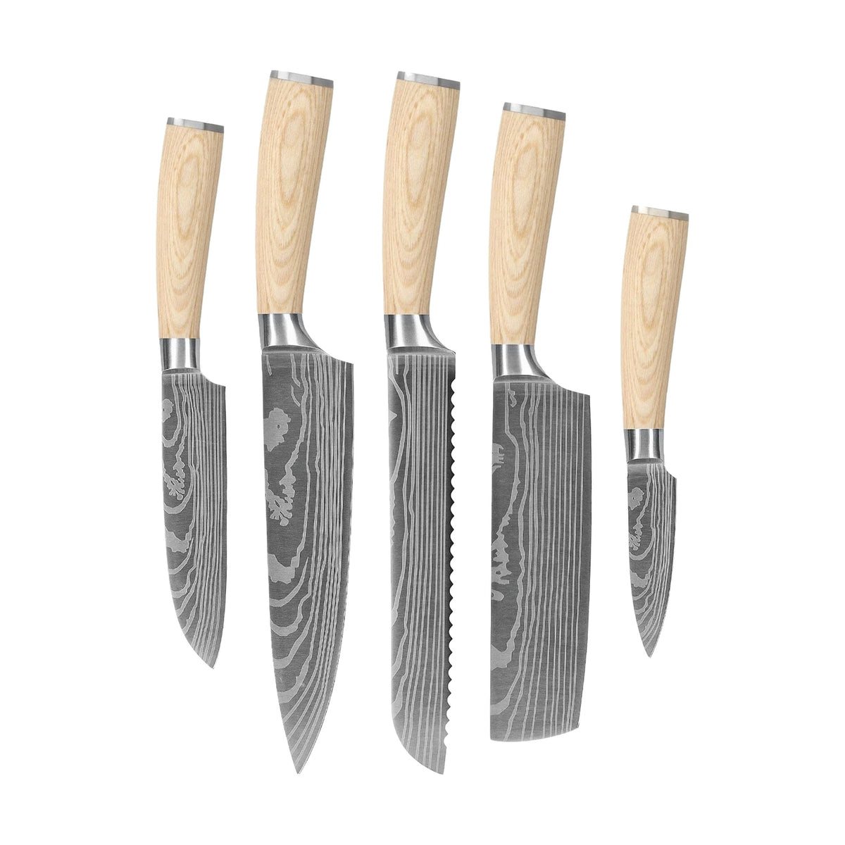 Cuchillos Shinrai - Juego de 5 piezas con estampado de Damasco Akari - Cuchillo de chef + Cuchillo para pan + Nakiri + Santoku pequeño + Cuchillo pelador