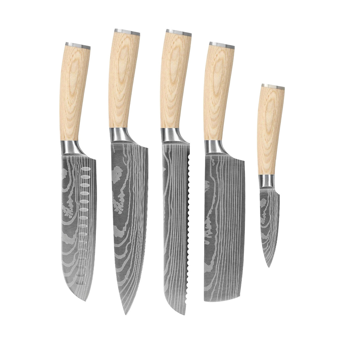 Cuchillos Shinrai - Akari Damascus Print Set de 5 piezas - Cuchillo de chef + Cuchillo para pan + Nakiri + Santoku + Cuchillo pelador