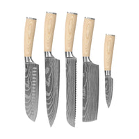 Cuchillos Shinrai - Akari Damascus Print Set de 5 piezas - Cuchillo de chef + Cuchillo para pan + Nakiri + Santoku + Cuchillo pelador