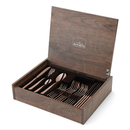 Juego de cubiertos Amefa Oxford de 24 piezas para 6 personas, acabado PVD en cobre brillante, en caja de lujo.
