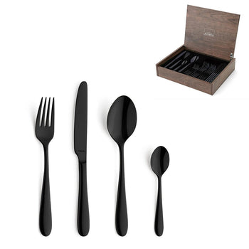 Juego de cubiertos Amefa Oxford de 24 piezas para 6 personas, PVD negro brillante, en caja de lujo.
