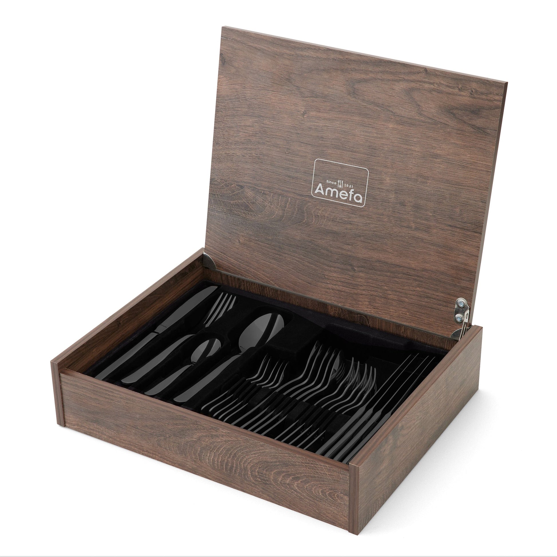Juego de cubiertos Amefa Oxford de 24 piezas para 6 personas, PVD negro brillante, en caja de lujo.