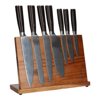 Juego de cuchillos de 7 piezas con estampado de Damasco + Bloque magnético para cuchillos Juego de cuchillos de un solo filo con bloque Shinrai Knives