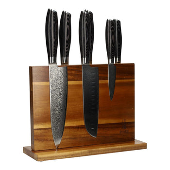 Juego de cuchillos de 6 piezas de madera Damasco Pakka + Bloque magnético para cuchillos Juego de cuchillos de doble filo con bloque Shinrai Knives