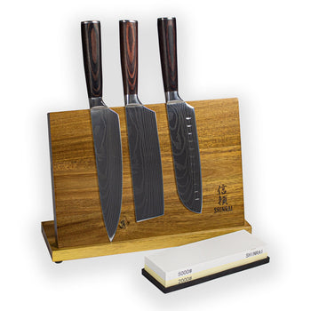 Juego de cuchillos de 3 piezas con estampado damasco - Oferta combinada: juego de cuchillos XXL con bloque y piedra de afilar Shinrai Knives