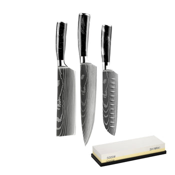 Juego de cuchillos de 3 piezas con estampado de Damasco de ónix epoxi - Oferta combinada: juego de cuchillos XL con piedra de afilar Shinrai Knives