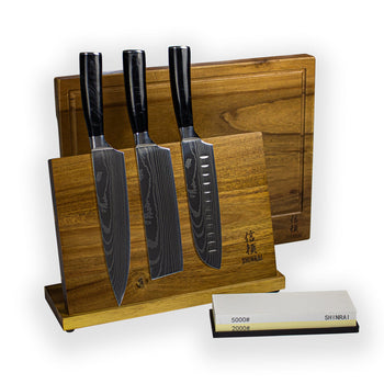 Juego de cuchillos de 3 piezas con estampado de Damasco y ónix epoxi - Oferta combinada Juego de cuchillos XXXL con bloque, tabla de cortar y piedra de afilar Shinrai Knives 
