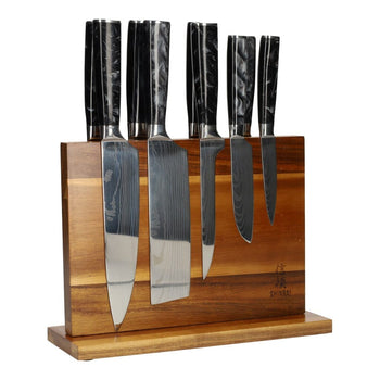 Juego de cuchillos de 9 piezas con estampado de Damasco de ónix epoxi + Bloque para cuchillos Juego de cuchillos con bloque Shinrai Knives