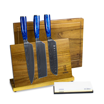 Juego de cuchillos Epoxy Sapphire de 3 piezas - Oferta combinada XXXL Juego de cuchillos con bloque, tabla de cortar y piedra de afilar Shinrai Knives 