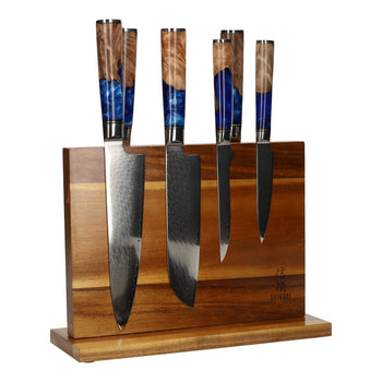 Juego de cuchillos de Damasco Epoxy Sapphire de 6 piezas + Bloque magnético para cuchillos Juego de cuchillos con bloque Shinrai Knives