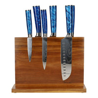Juego de cuchillos de 6 piezas con estampado de damasco y zafiro epoxi + soporte de acacia Juego de cuchillos de doble cara con bloque Shinrai Japón