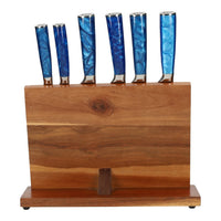 Juego de cuchillos de 6 piezas con estampado de damasco y zafiro epoxi + soporte de acacia. Juego de cuchillos de un solo filo con bloque. Shinrai Japón.