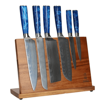Juego de cuchillos de 6 piezas con estampado de Damasco de zafiro epoxi + juego de cuchillos con soporte de madera de acacia de un solo lado con bloque Shinrai Knives