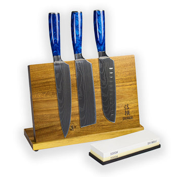 Cuchillos Shinrai con estampado de damasco de zafiro epoxi - Oferta especial XXL: juego de cuchillos con bloque y piedra de afilar.