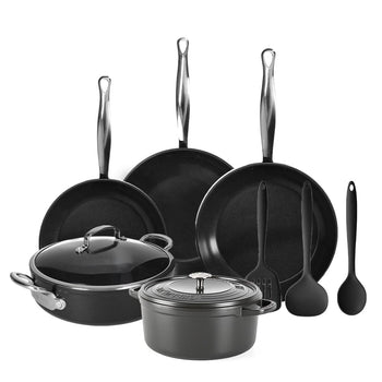 GreenPan - Barcelona Pro Juego de utensilios de cocina de 9 piezas All You Need 20/24/28/22 cm - 2 sartenes + cacerola con tapa + wok + cazuela + juego de 3 espátulas Juego de utensilios de cocina GreenPan