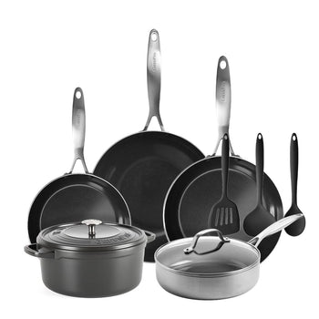 GreenPan - Geneva Juego de utensilios de cocina de 9 piezas All You Need 18/24/24/28/28 cm - 2 sartenes + olla con tapa + wok + cacerola + juego de 3 espátulas Juego de utensilios de cocina GreenPan