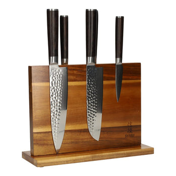 Juego de cuchillos de Damasco martillado BR de 5 piezas + Bloque magnético para cuchillos Juego de cuchillos de doble filo con bloque Shinrai Knives