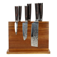 Juego de cuchillos de 6 piezas de acero inoxidable martillado + soporte de acacia Juego de cuchillos de doble cara con bloque Shinrai Japón